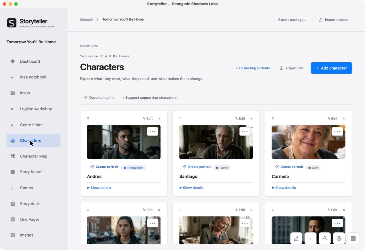 Characters screen with portraits and roles