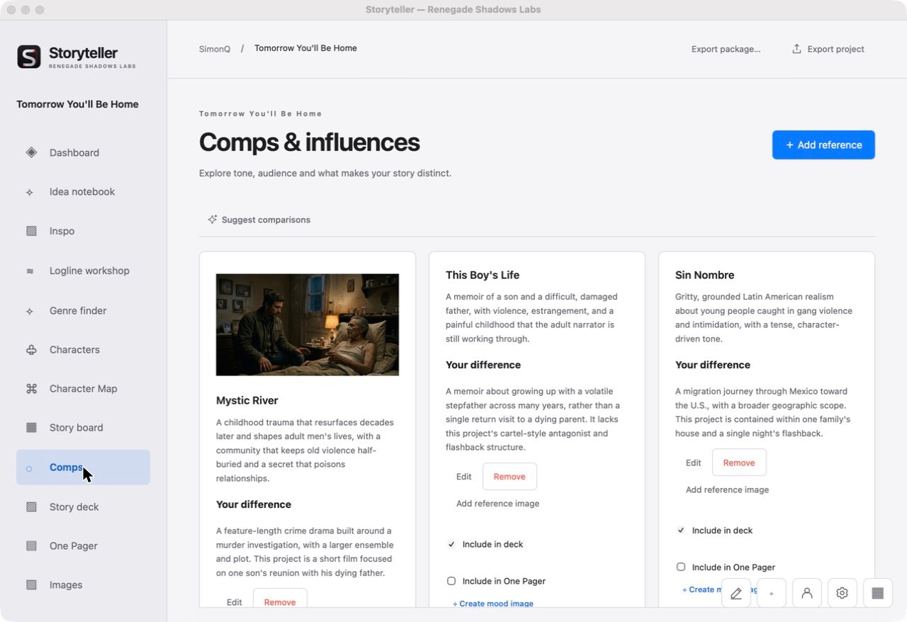 Comps and influences cards with a reference image and a note on how the story is different