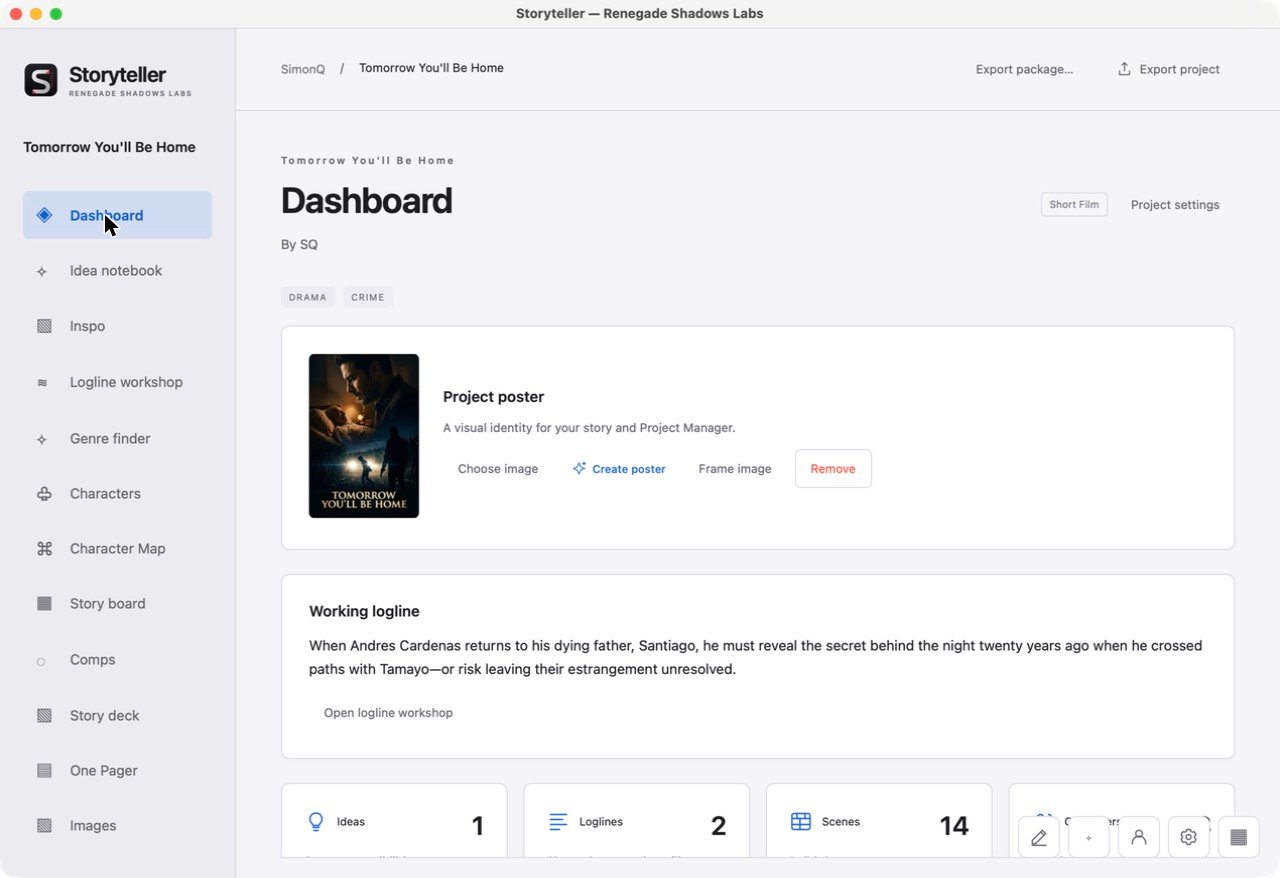 Storyteller project dashboard showing a working logline and counts of characters and scenes