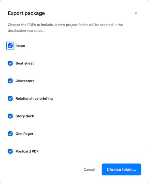 Export package dialog with beat sheet, characters, story deck, one pager, and postcard selected