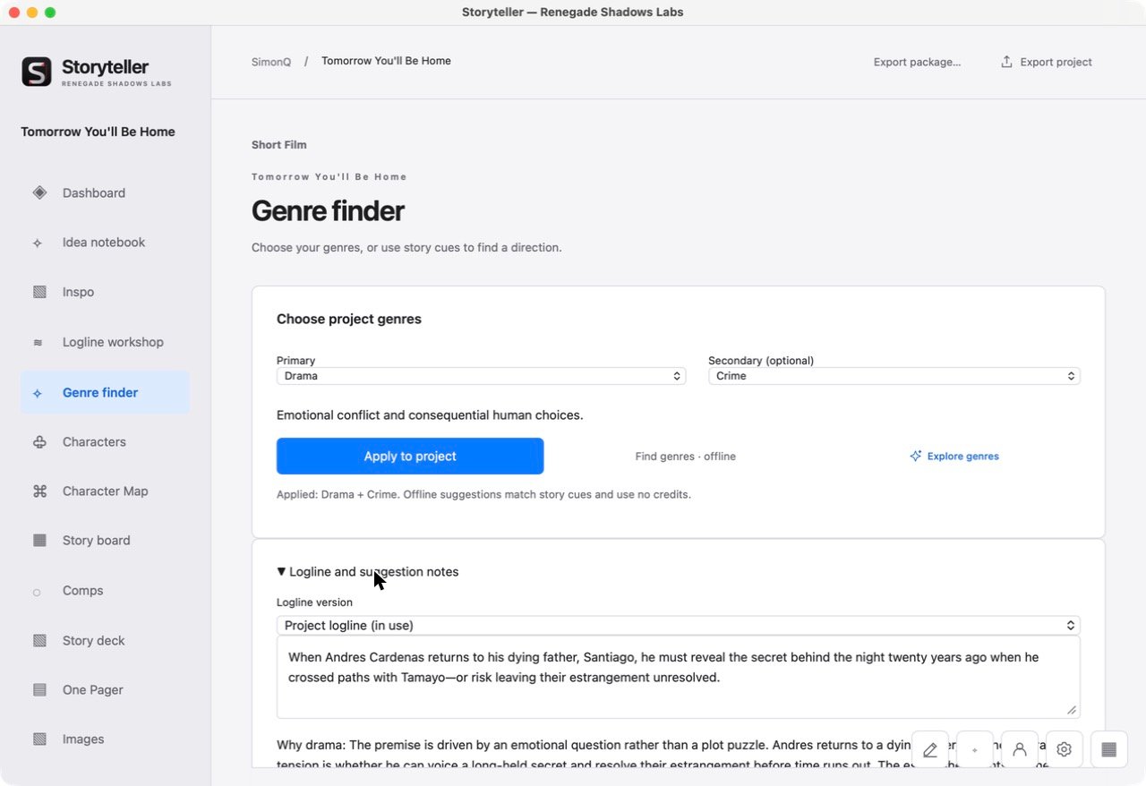 Genre finder with Drama and Crime applied and a note explaining why the premise reads as drama